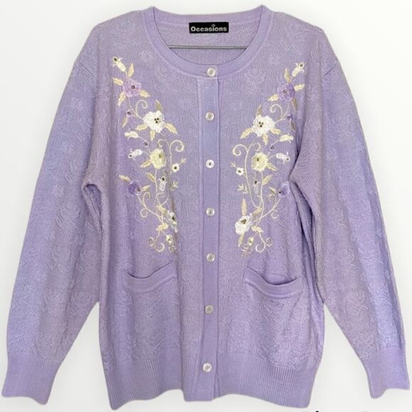 Occasions Vintage Lilac Embroidered Floral Grandma Knit Cardigan Sweater - Picture 1 of 6